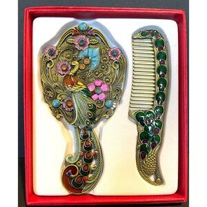 Beautiful Cloisonne Brass Peacock Mirror and Comb Set New